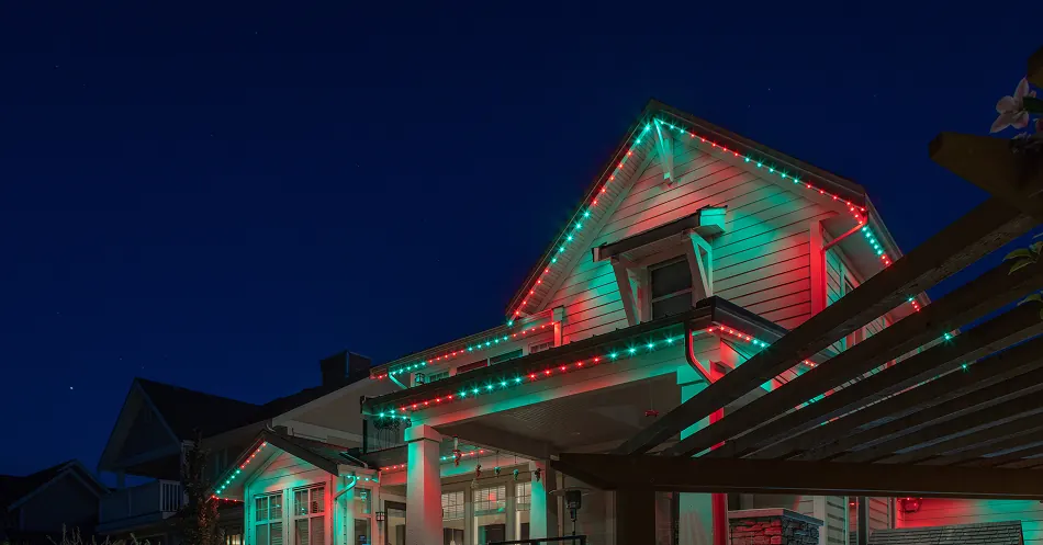 Red and green along a long, low roofline