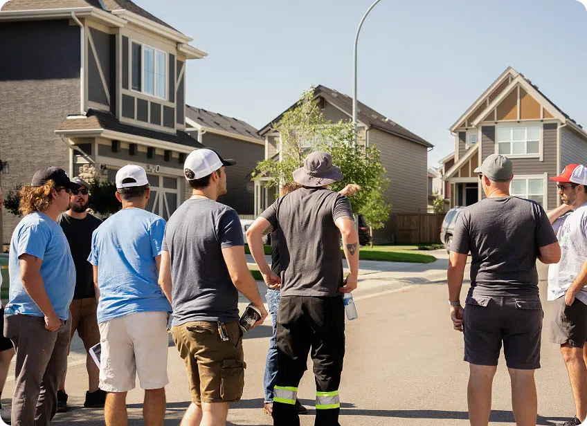 A crew walking a street of homes before starting a job