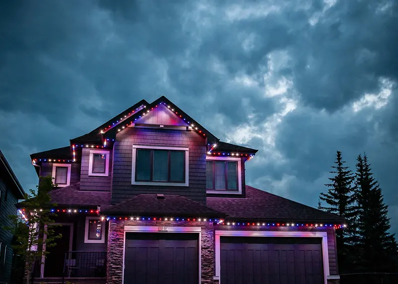 Purple and white on a craftsman at dusk