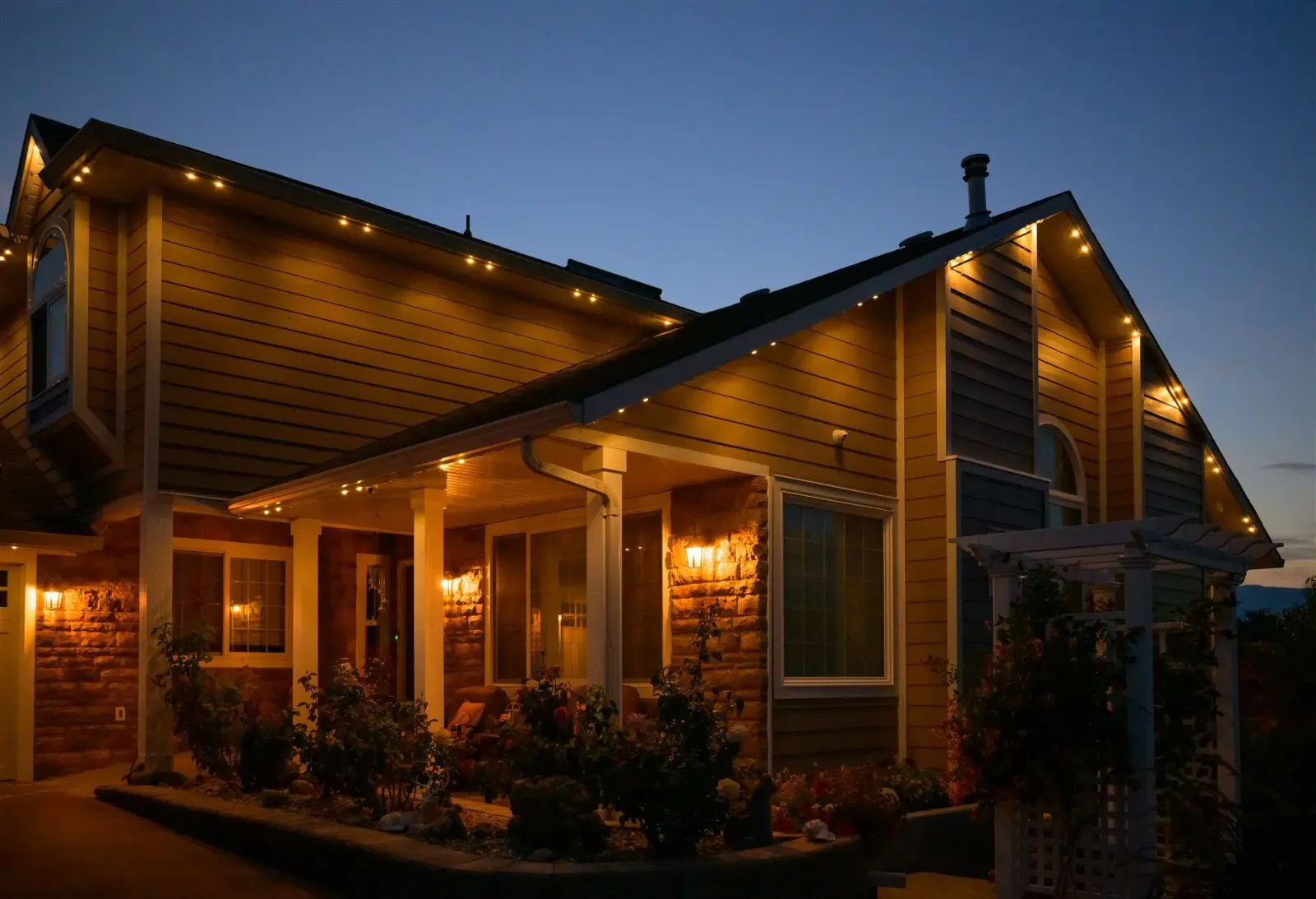 Two-story home with warm white permanent lights along the roofline and porch at dusk