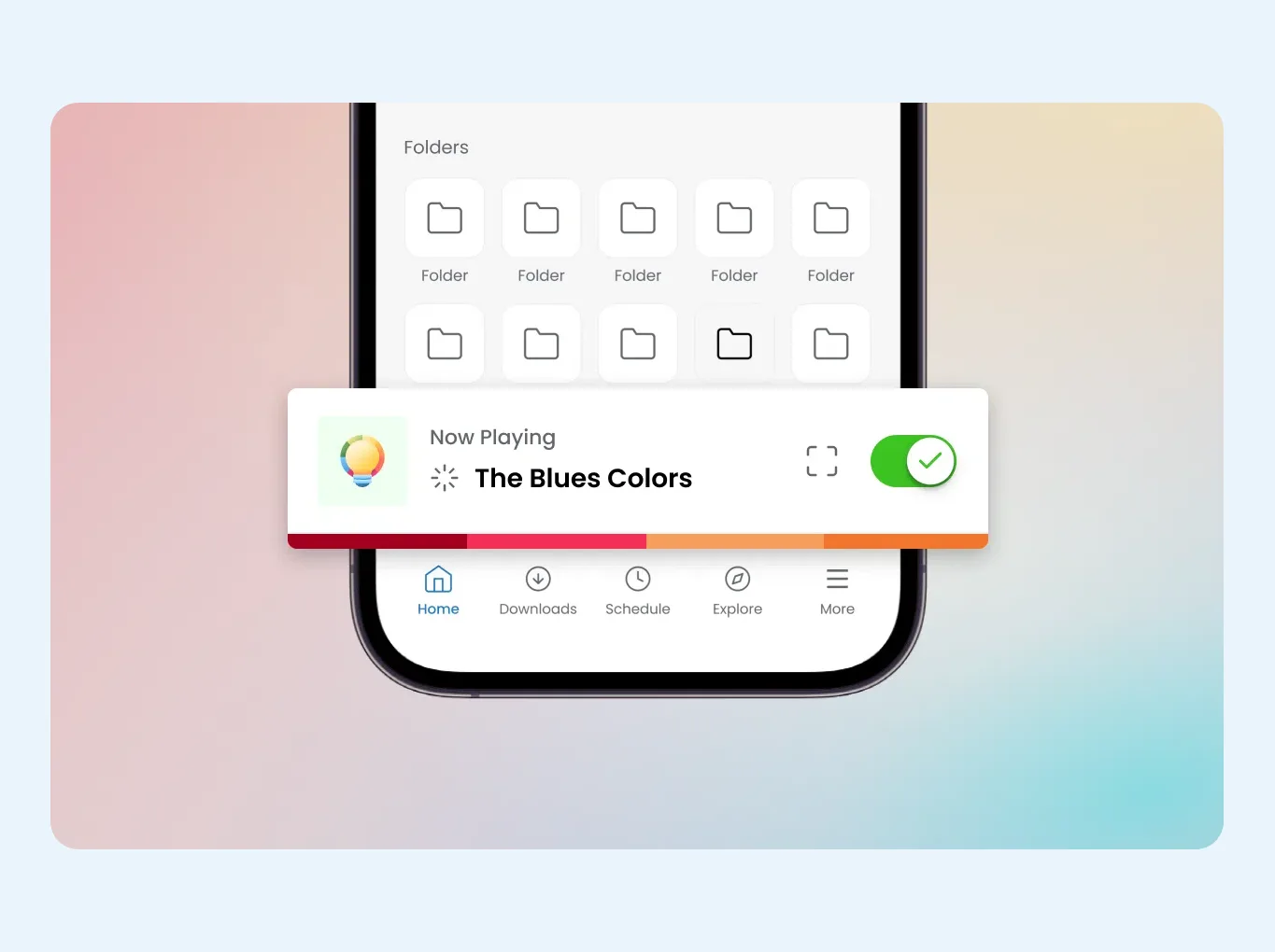 Gemstone Lights app screen showing the Now Playing bar with a pattern switched on