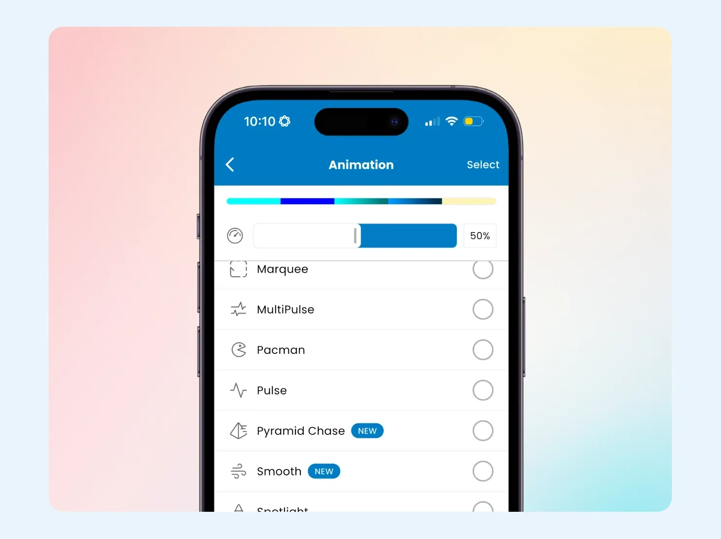 Animation list in the Gemstone Lights app showing Marquee, Pacman, Pulse and Pyramid Chase