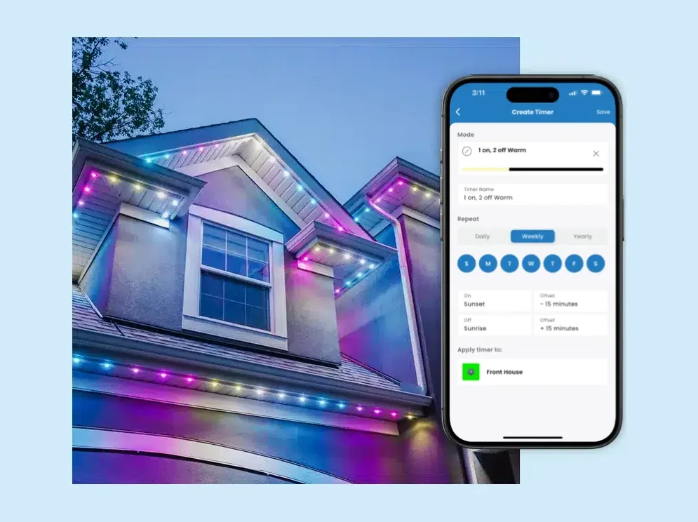 Home lit in pink and blue beside a phone creating a weekly sunset-to-sunrise timer with offsets