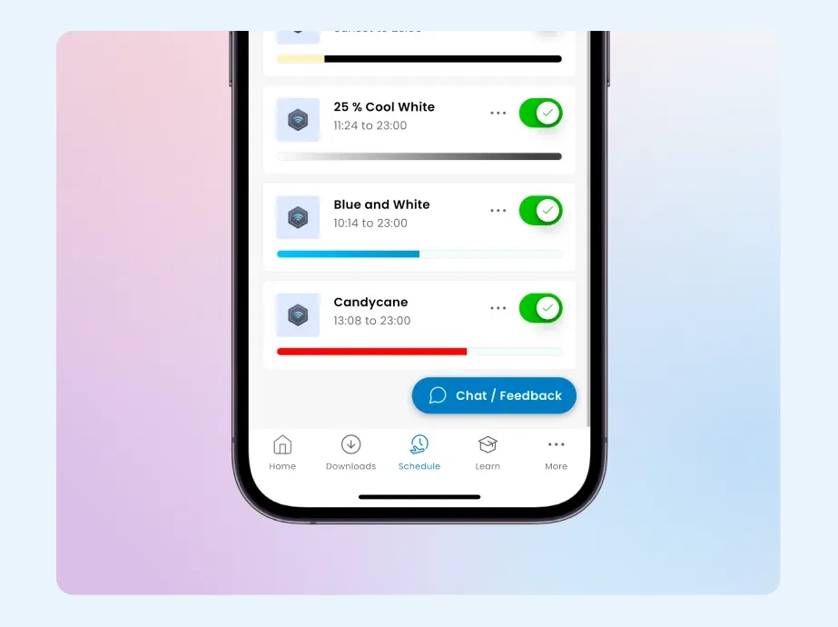 Schedule screen in the Gemstone Lights app listing several timers switched on