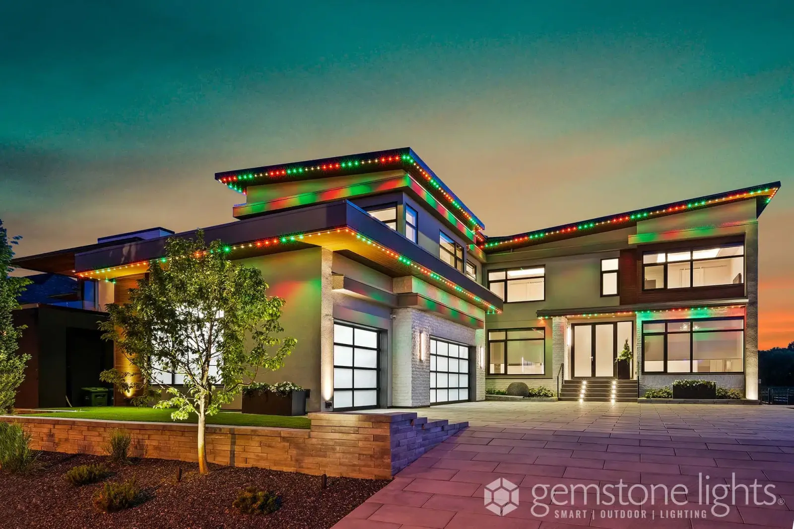 Modern home in red, green and white Christmas light